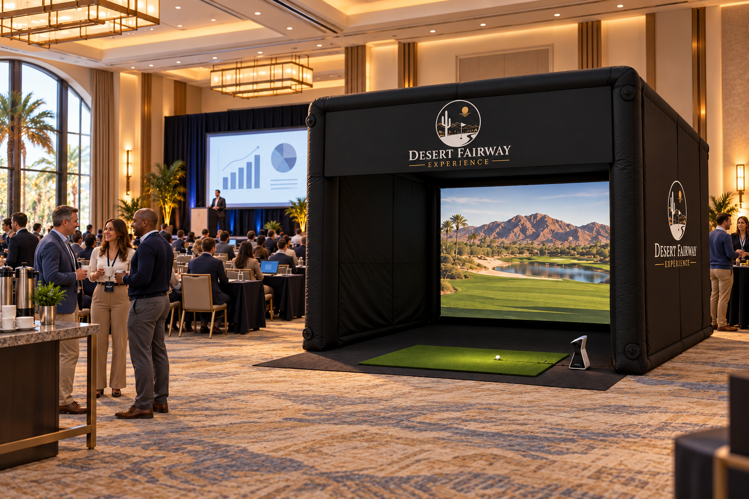 Illustrative indoor business conference with Desert Fairway’s branded golf enclosure beside a presentation and networking area