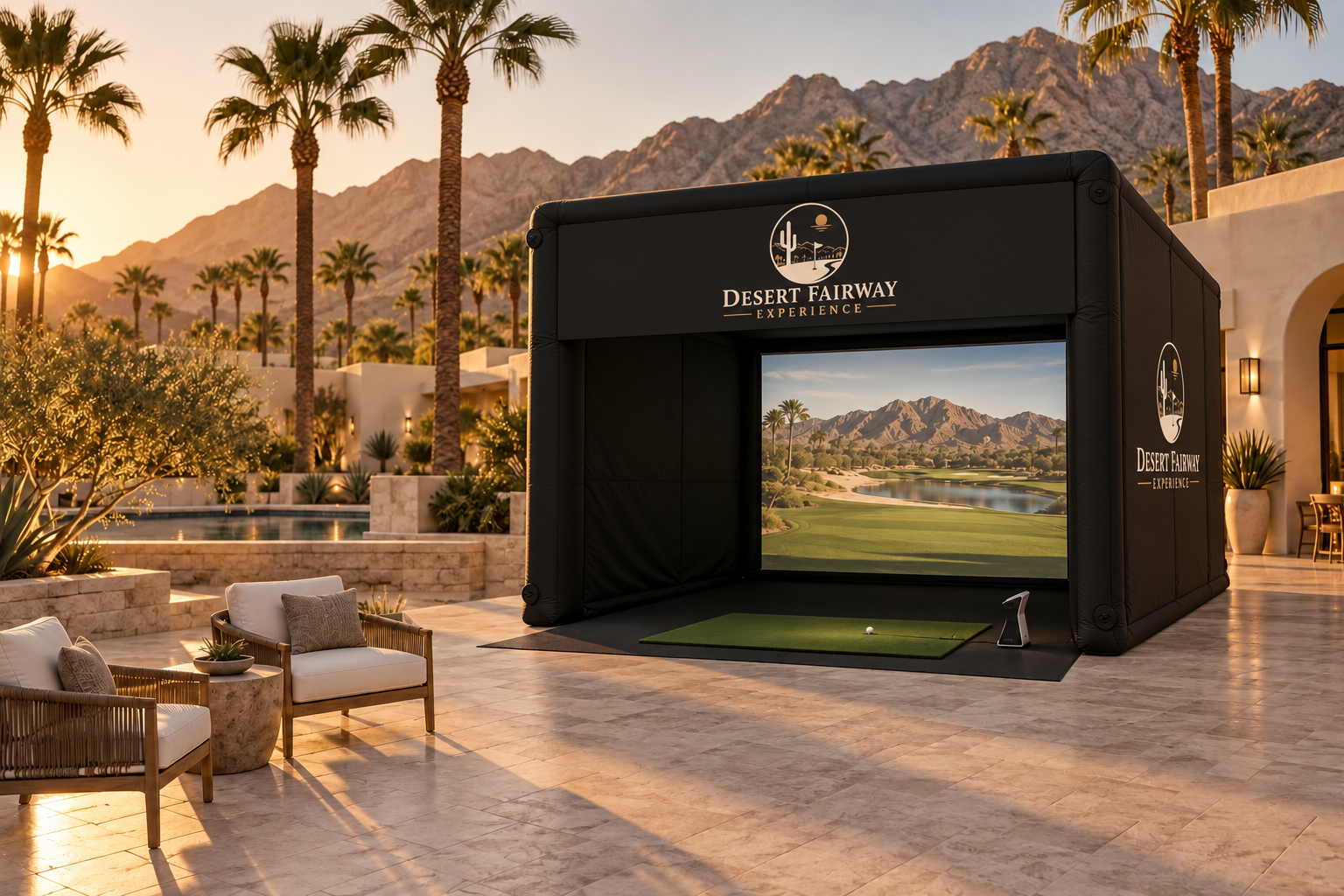 Illustrative sunset resort courtyard with Desert Fairway’s branded golf enclosure