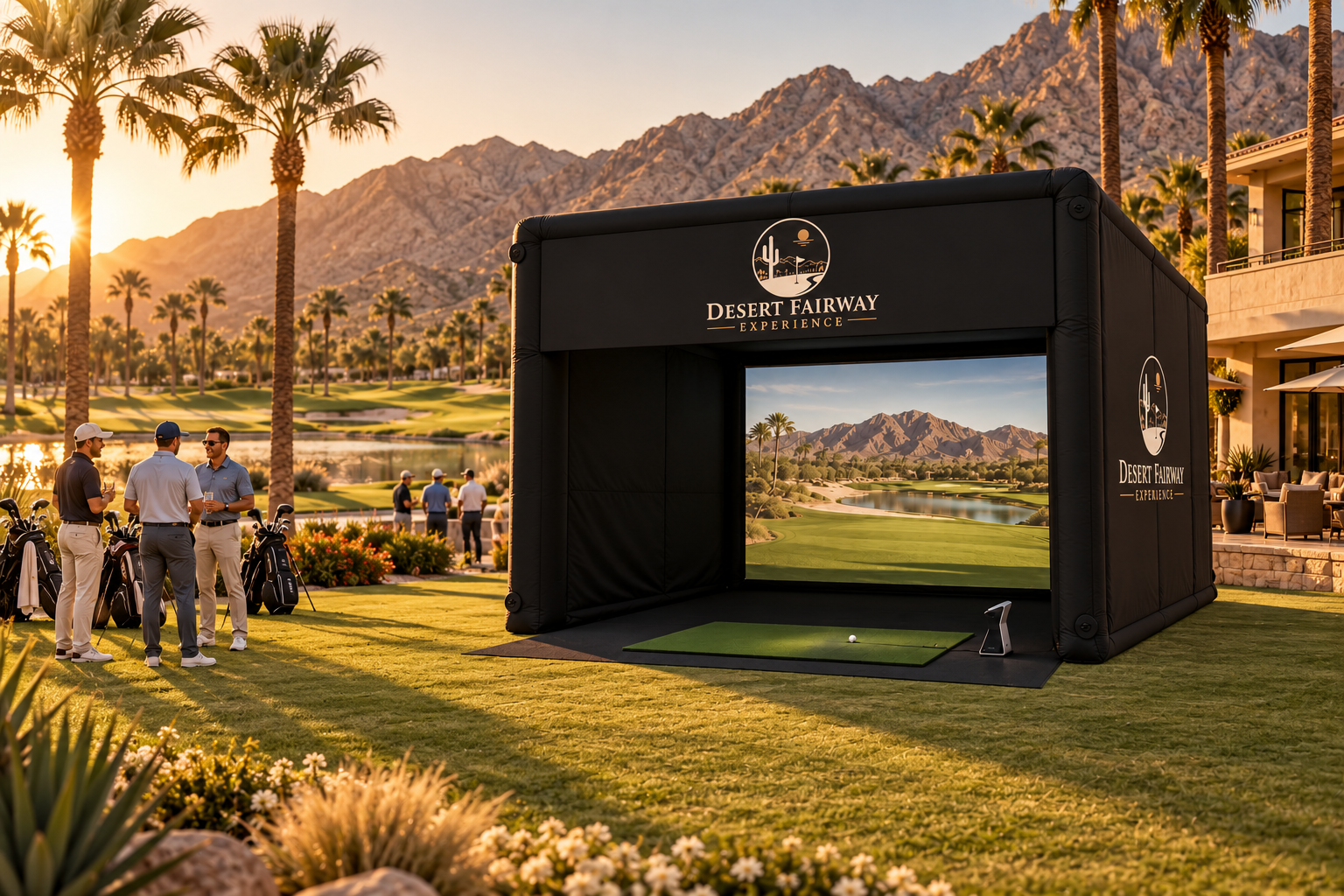 Illustrative golf club gathering with Desert Fairway’s branded golf enclosure beside the course
