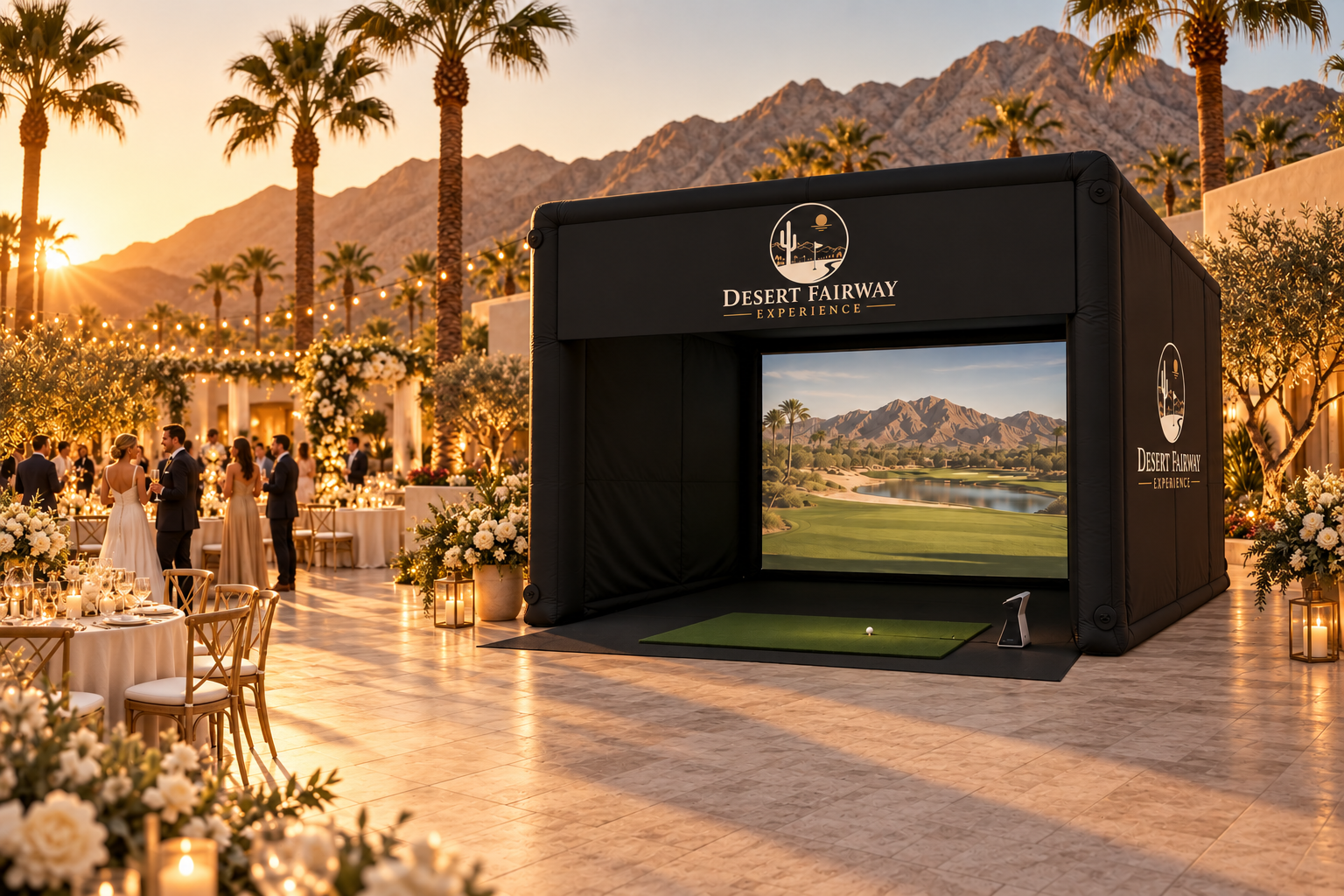 Illustrative outdoor wedding reception with Desert Fairway’s branded golf enclosure